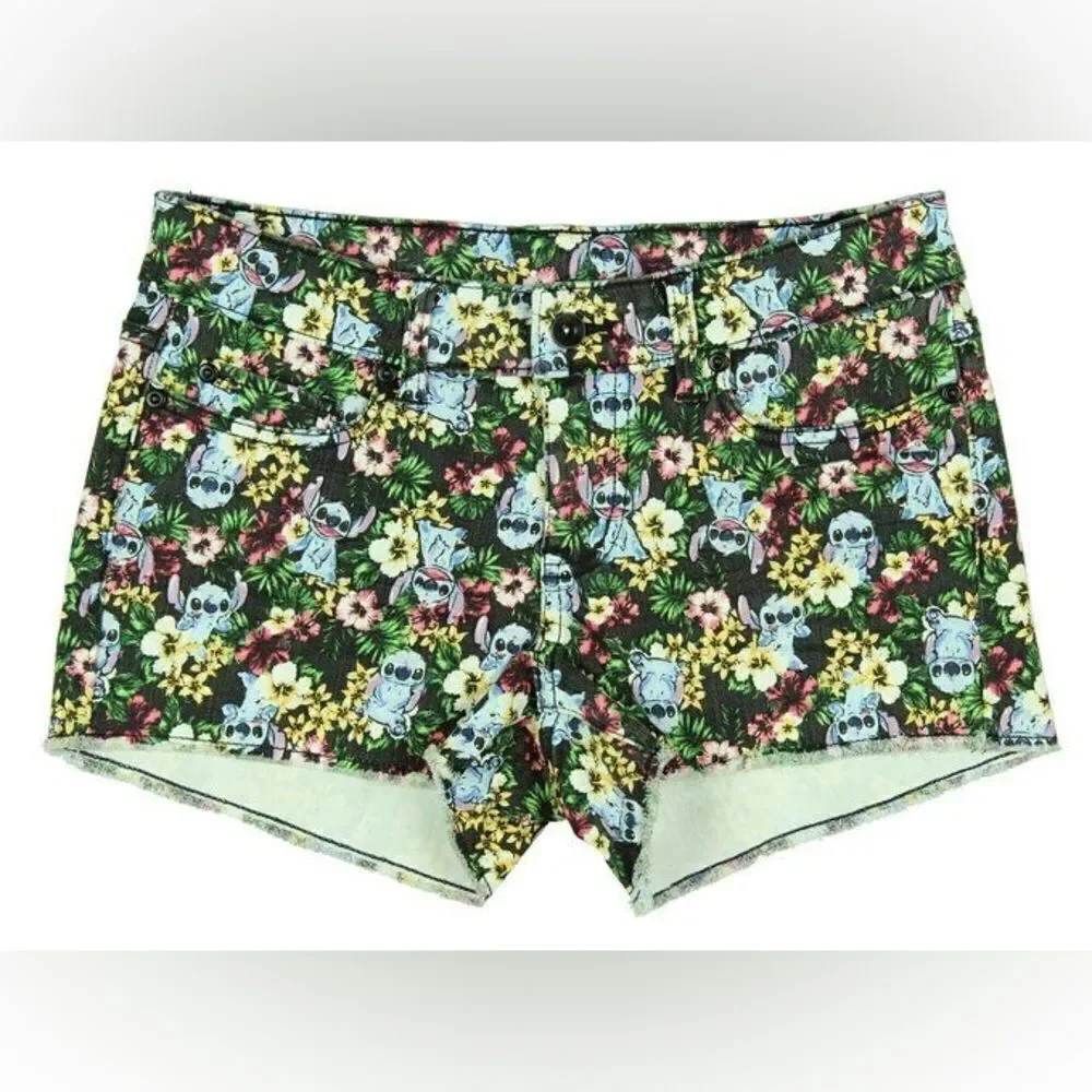 Disney Lilo & Stitch Colorful Tropical Floral Cutoff Denim Shorts Size 7